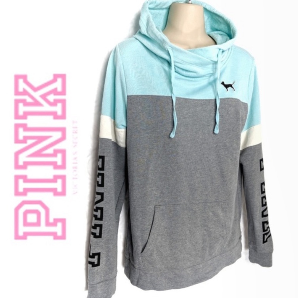 PINK Victoria Secret Aqua Gray Logo‎ Hoodie